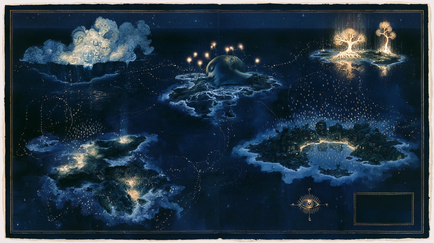 A nocturnal sea chart of five glowing islands. Each island is one line of work.